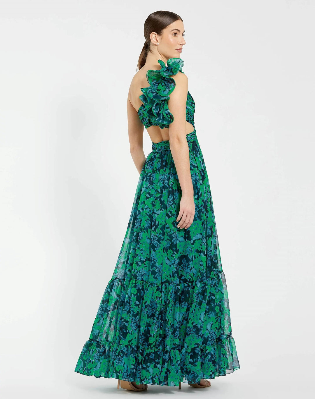 Mac Duggal 68650 One Shoulder Ruffle Tiered Cut-Out Chiffon Gown