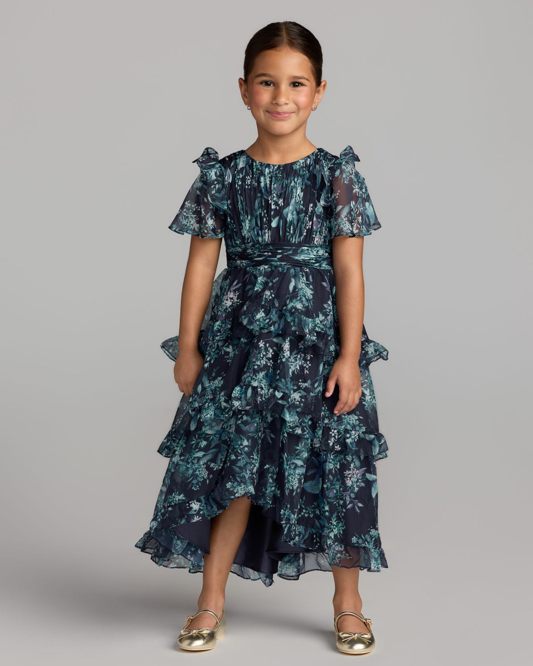 Mac Duggal 68664 Girls Floral Chiffon Tiered Ruffle Dress
