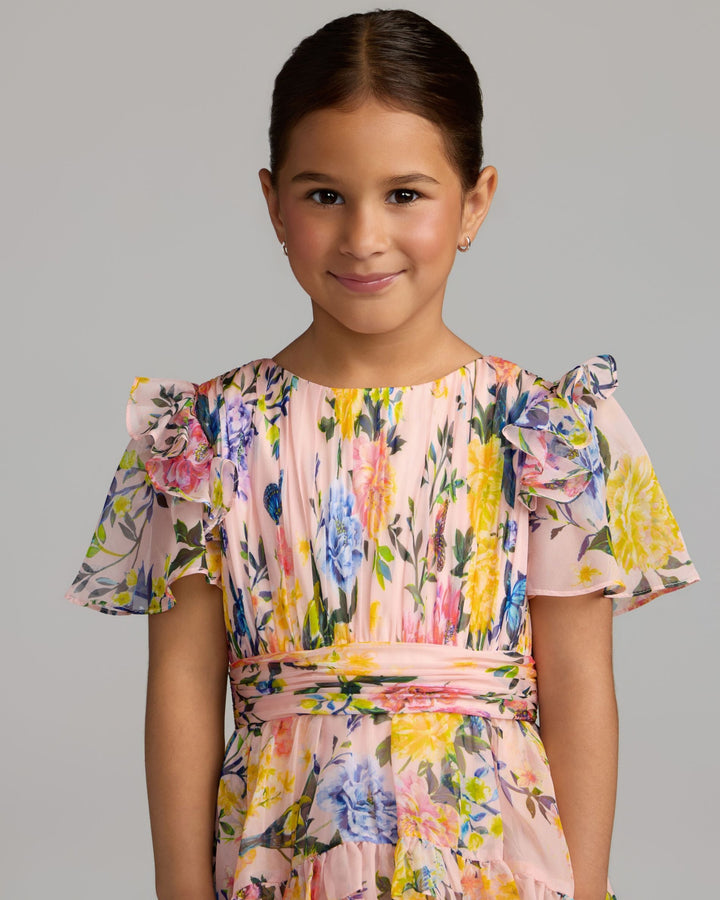 Mac Duggal 68664 Girls Floral Chiffon Tiered Ruffle Dress
