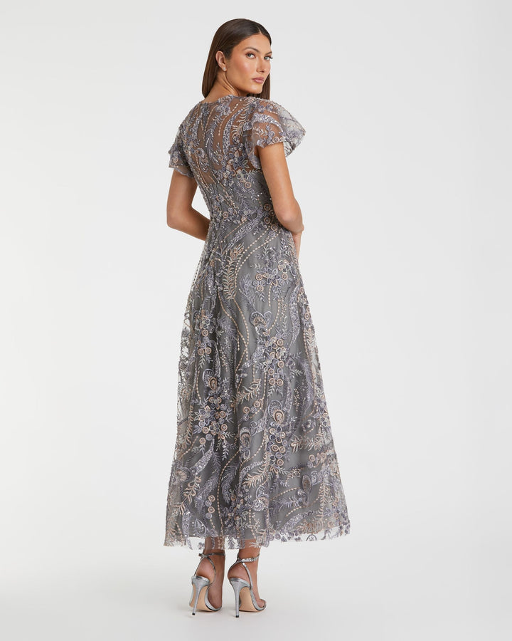 Mac Duggal 68909 Embroidered Flutter Sleeve Midi Dress