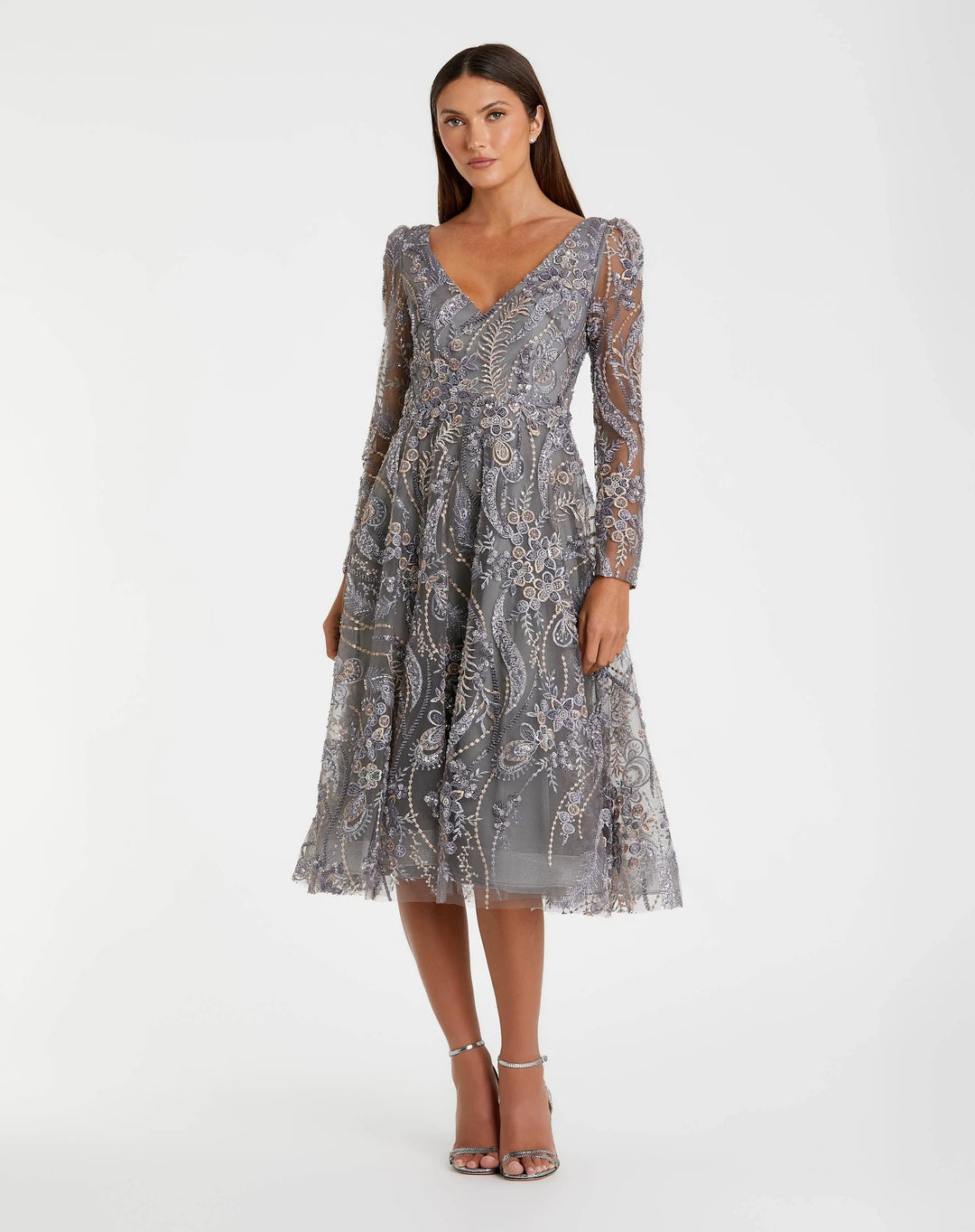 Mac Duggal 68913 Gray Embroidered Long Sleeve Midi Dress