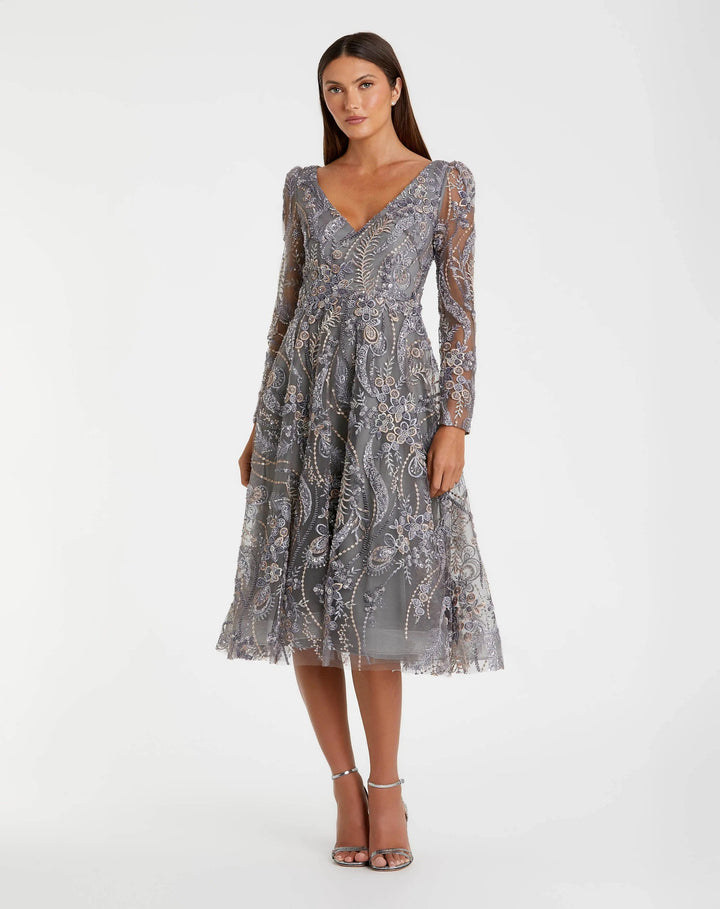 Mac Duggal 68913 Gray Embroidered Long Sleeve Midi Dress