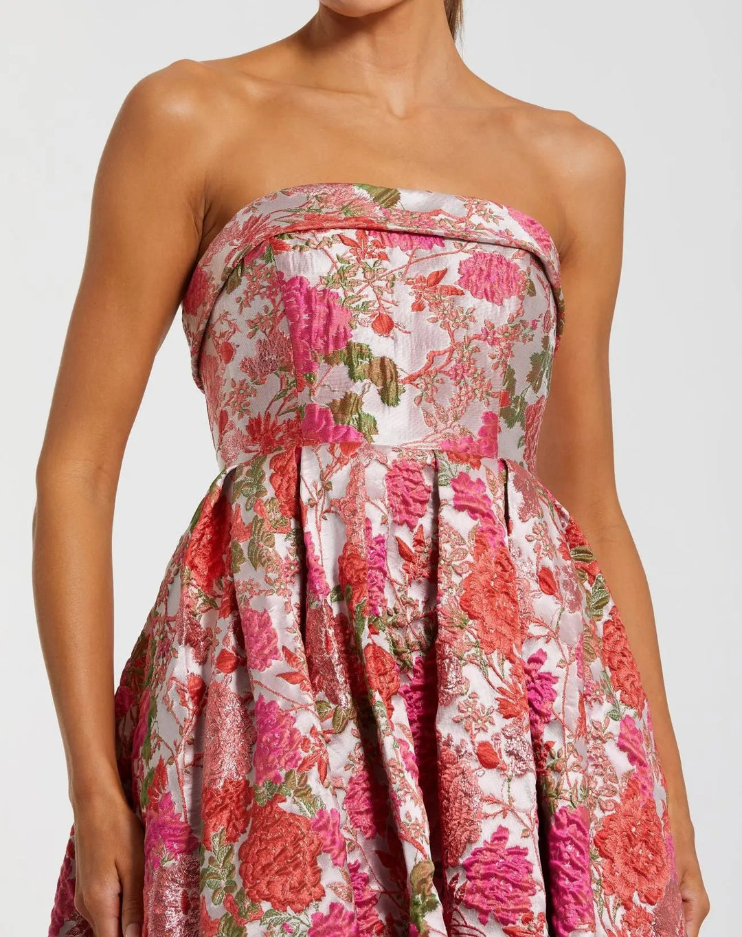 Pink Floral Brocade A Line Midi Dress - FOSTANI.com