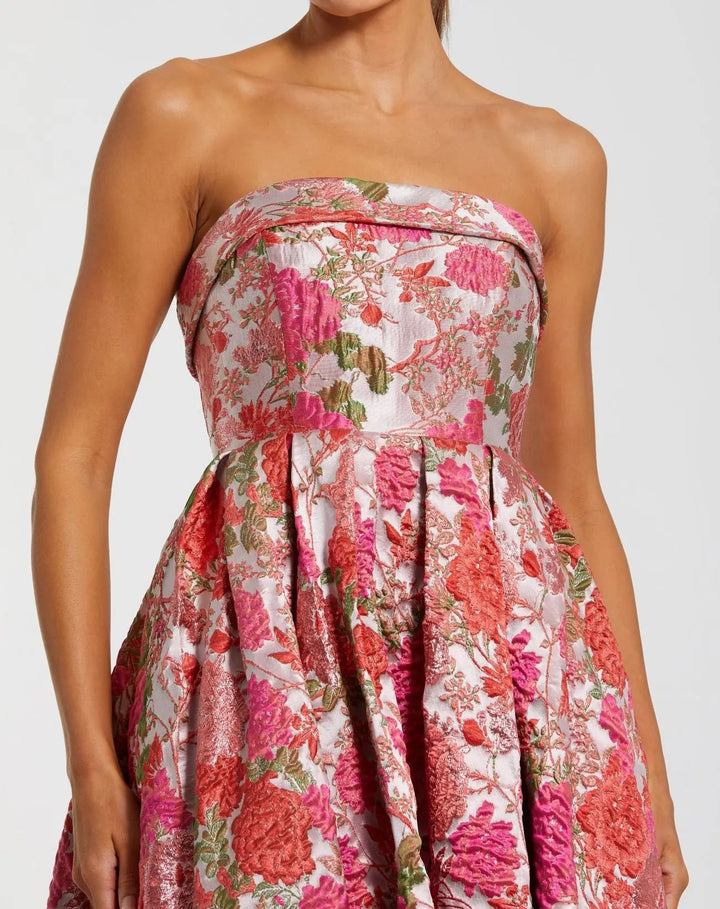 Pink Floral Brocade A Line Midi Dress - FOSTANI.com