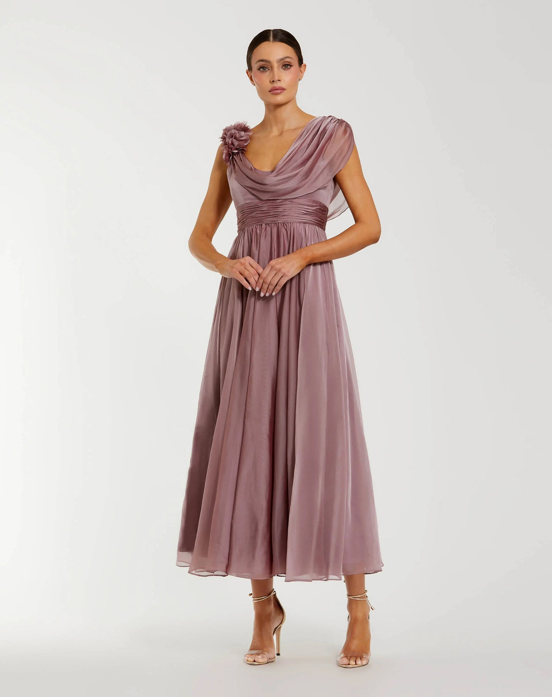 Mac Duggal 68967 Pink Chiffon Cowl Neck Dress With 3D Flowers