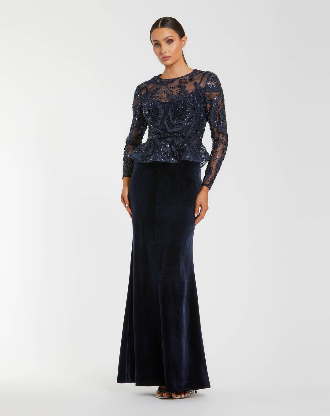 Mac Duggal 69017 Embellished Peplum Gown With Velvet Skirt