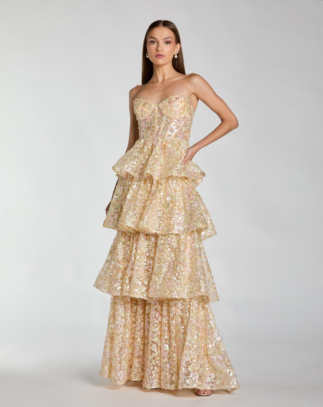 Gold Embellished Strapless Sweetheart Ruffle Gown - FOSTANI.com
