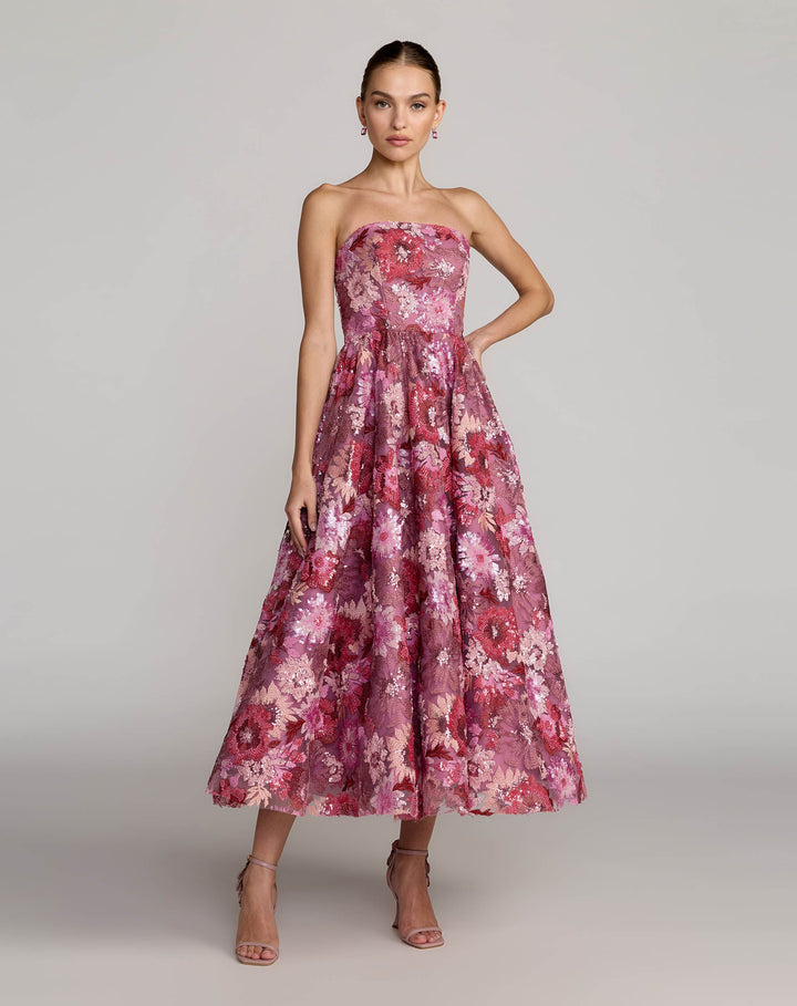 Mac Duggal 69109 Purple Floral Sequin Strapless Midi Dress