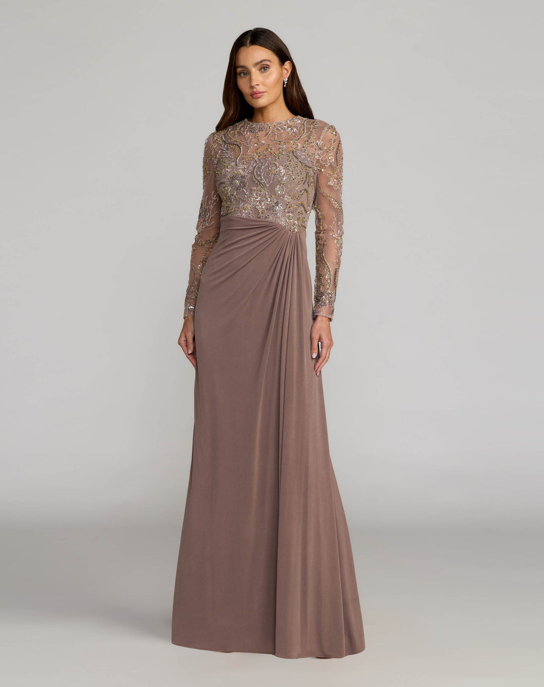 Mac Duggal 69121 Embroidered Illusion Long Sleeve Draped Gown