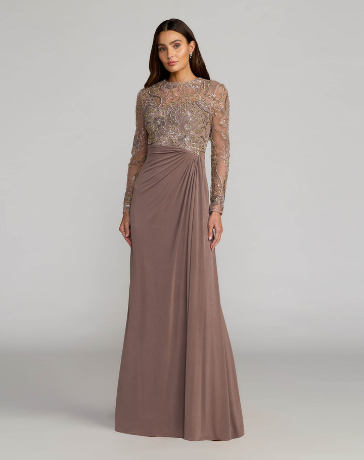 Mac Duggal 69121 Embroidered Illusion Long Sleeve Draped Gown