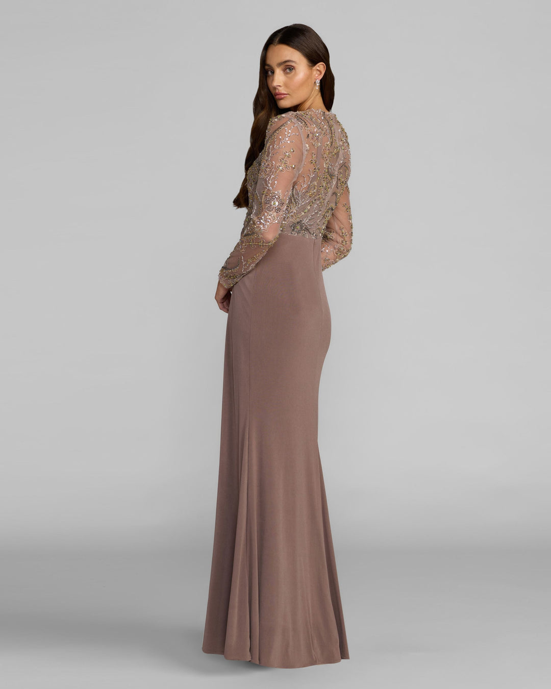 Mac Duggal 69121 Embroidered Illusion Long Sleeve Draped Gown