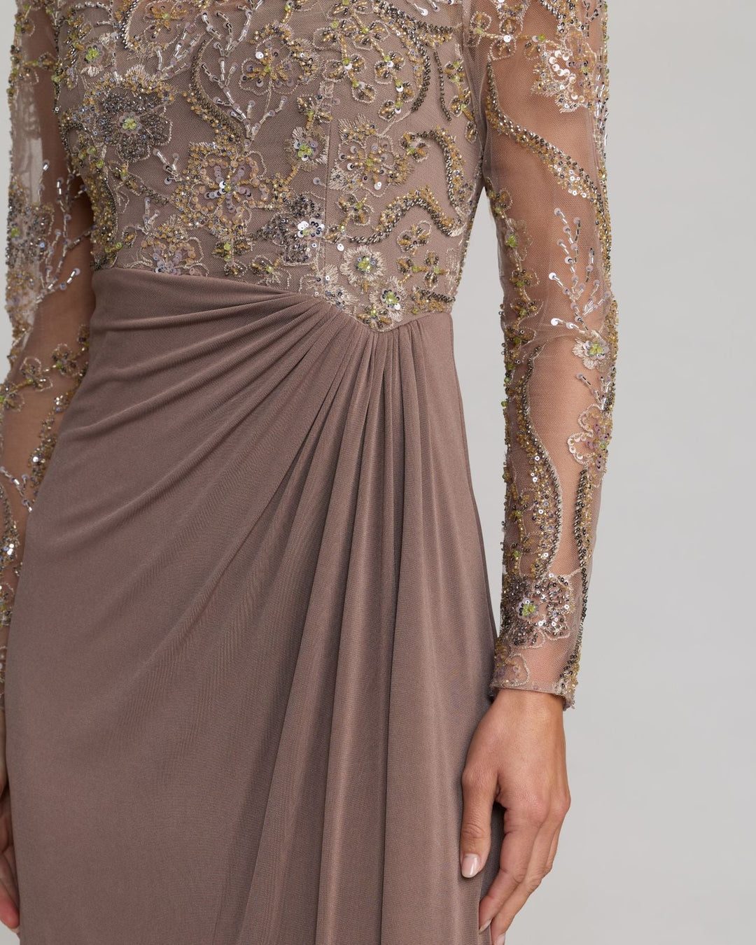 Mac Duggal 69121 Embroidered Illusion Long Sleeve Draped Gown