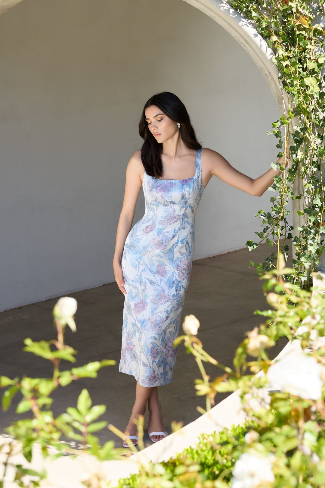 Mac Duggal 69152 Blue Floral Square Neck Midi Dress - FOSTANI.com