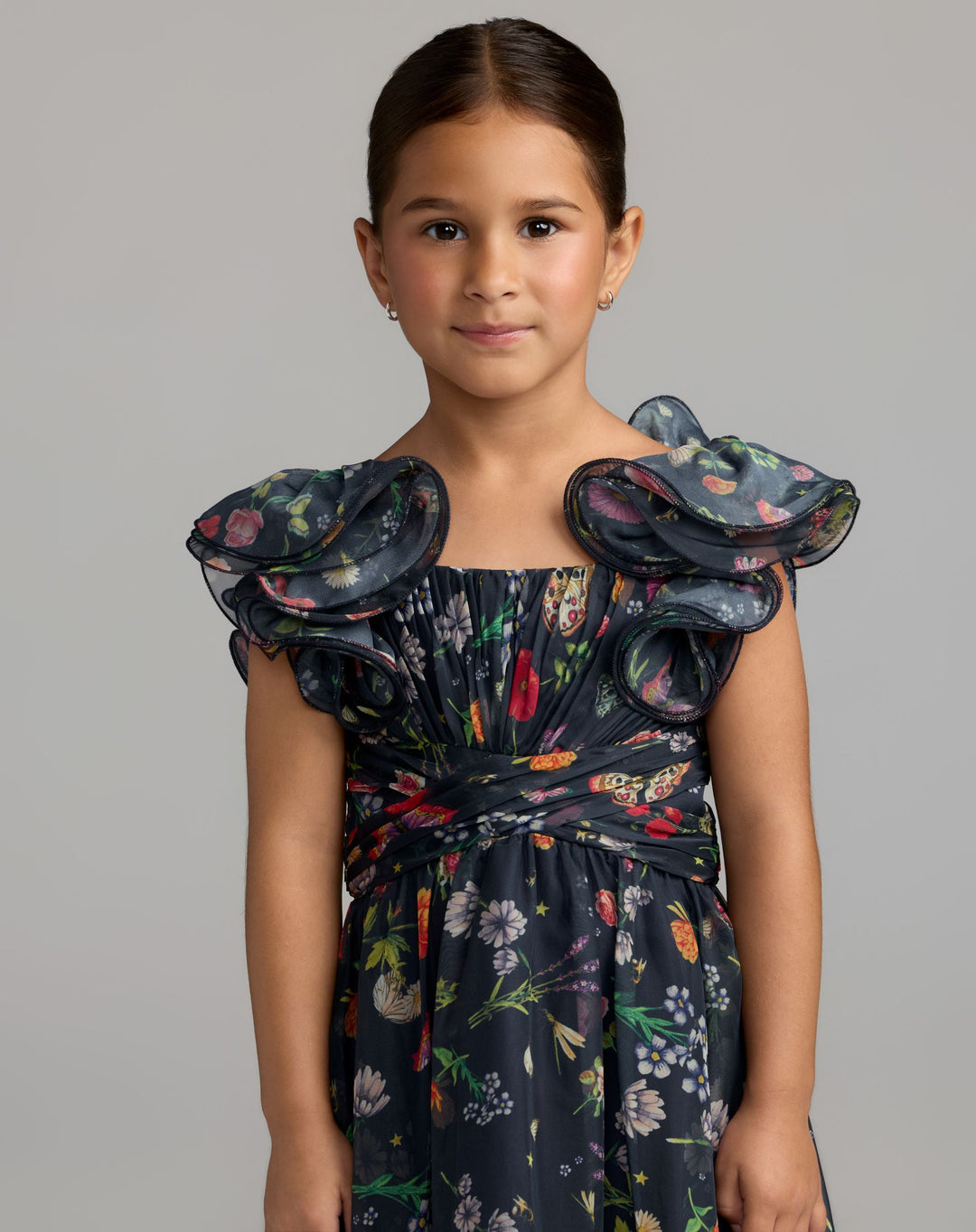 Mac Duggal 69170 Girls Floral Chiffon Ruffle Shoulder Dress