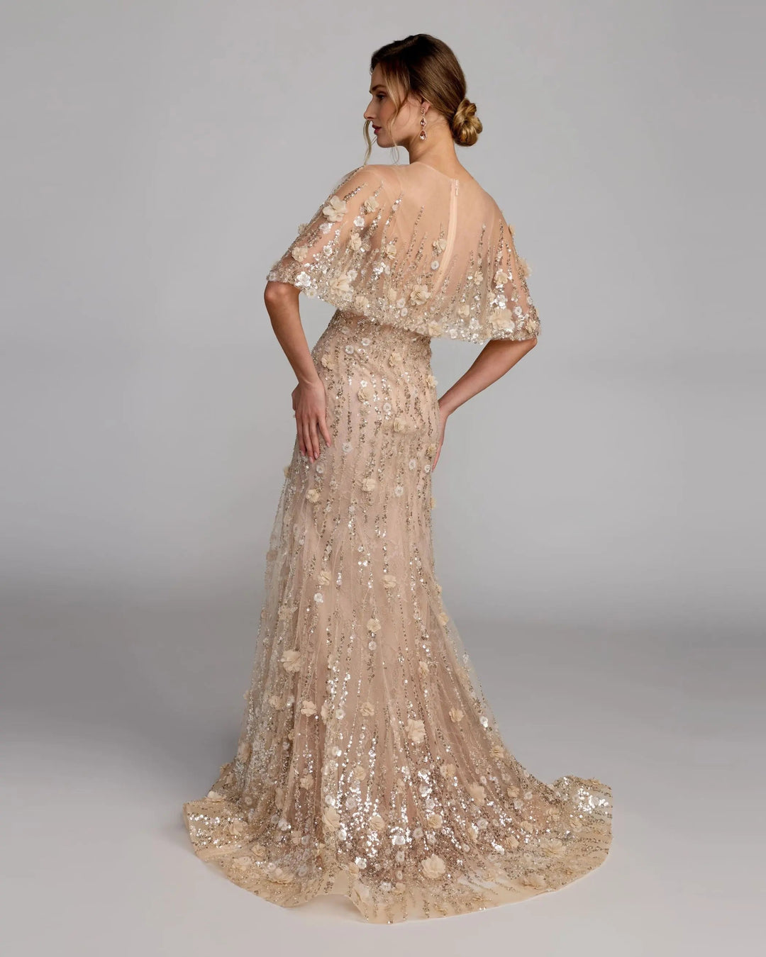 Mac Duggal 69188 Beige Embellished Cape Sleeve Gown - FOSTANI.com