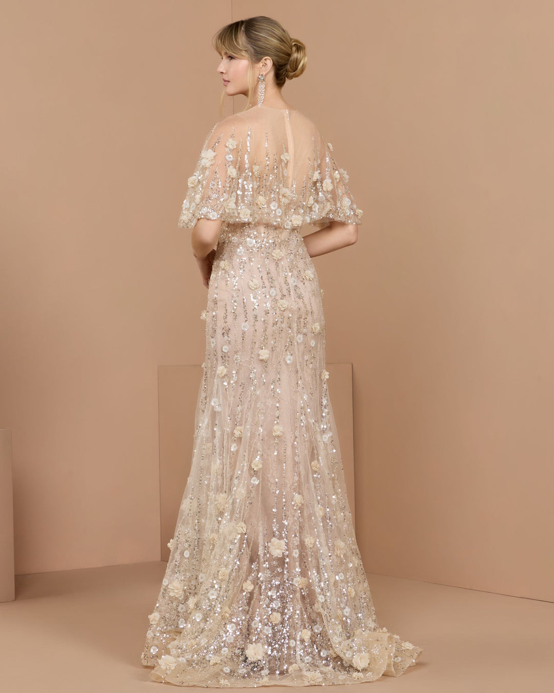 Mac Duggal 69188 Beige Embellished Cape Sleeve Gown - FOSTANI.com