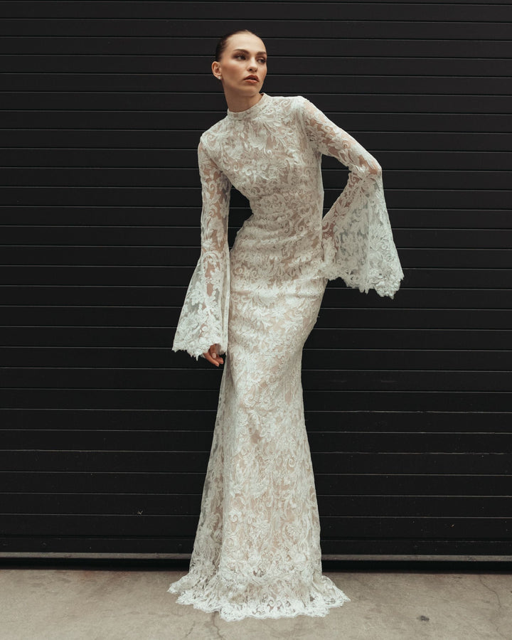 Mac Duggal 69425 Mock Neck Long Sleeve Lace Gown