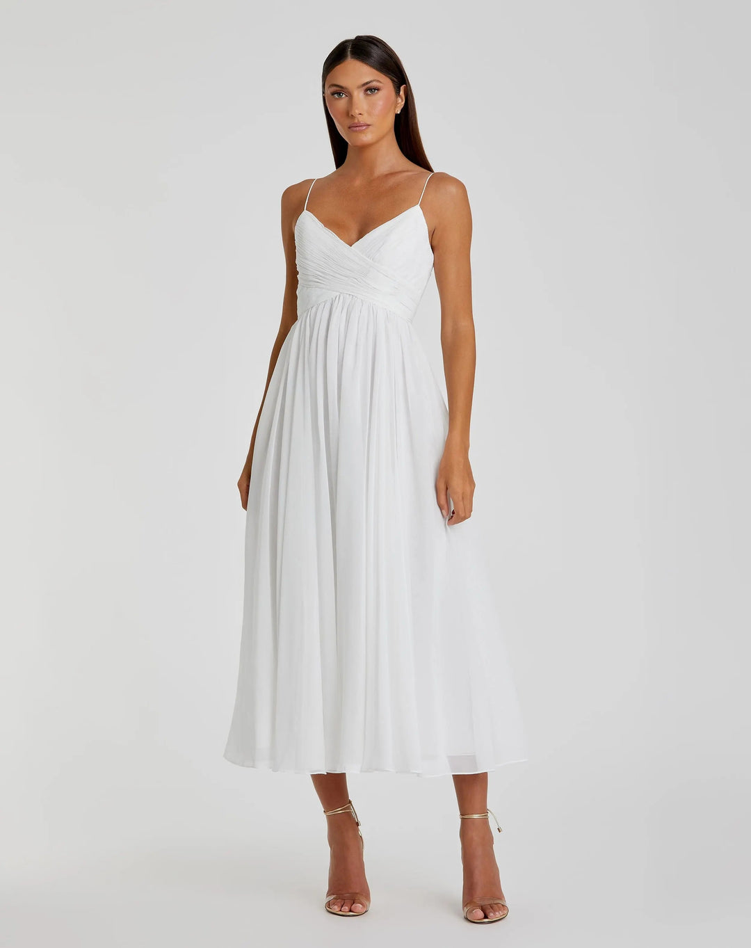 Mac Duggal EFFORTLESSLY Faux Wrap Sleeveless Flowy Midi Dress