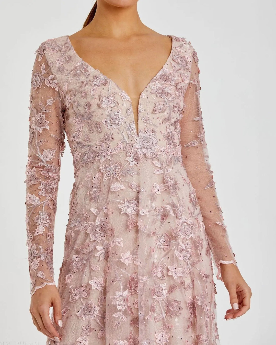Pink Floral Applique Long Sleeve Illusion Gown - FOSTANI.com