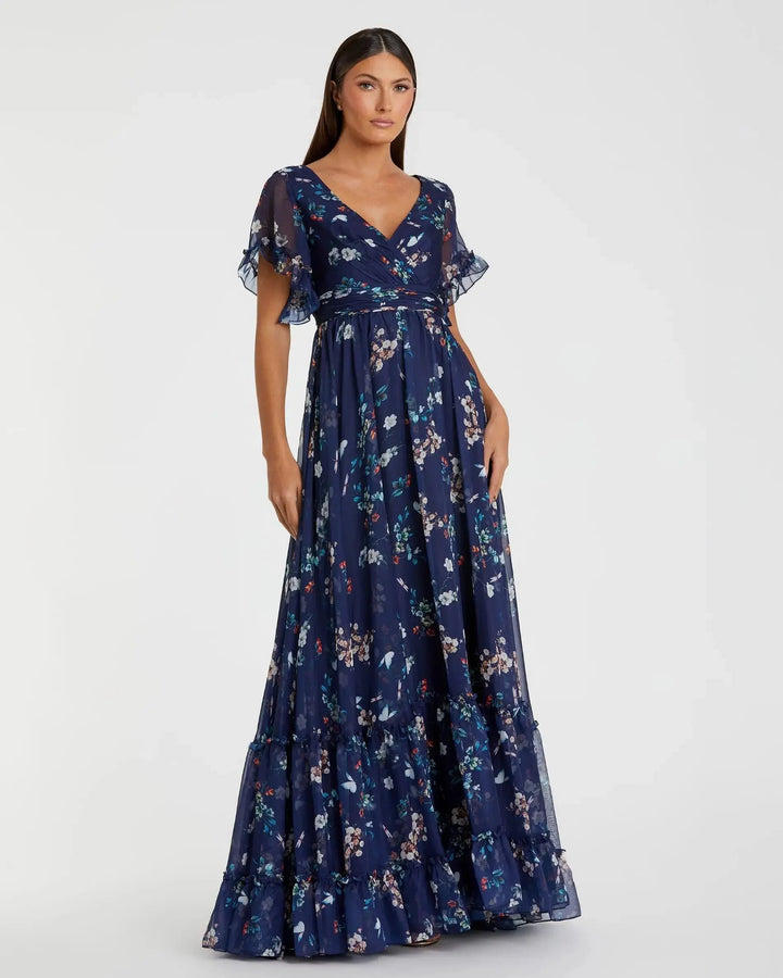 Mac Duggal 70241 Multicolor Flounce Sleeve Floral Maxi Dress