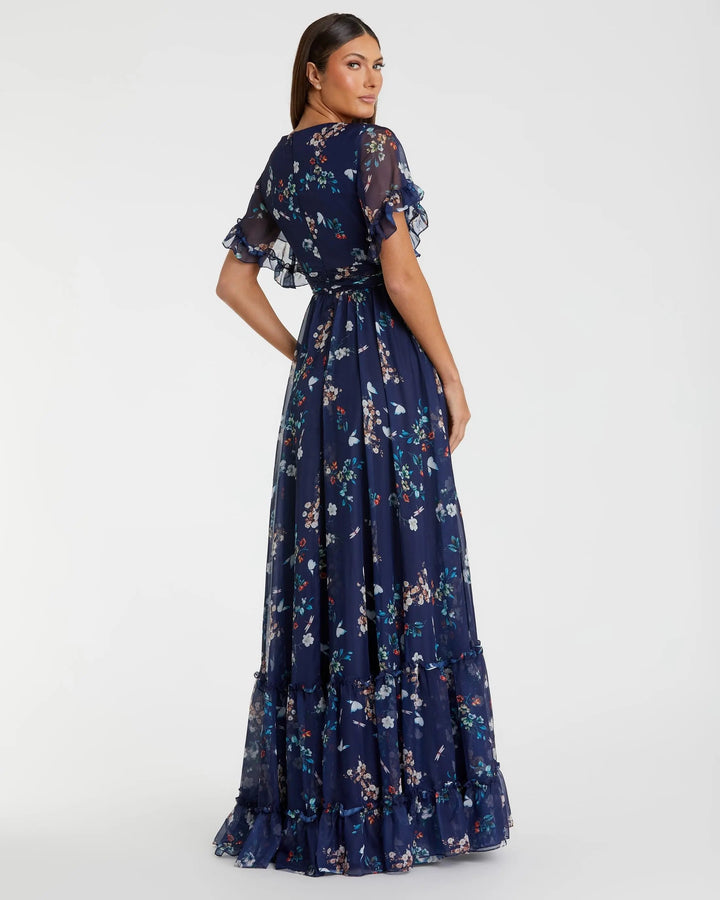 Mac Duggal 70241 Multicolor Flounce Sleeve Floral Maxi Dress