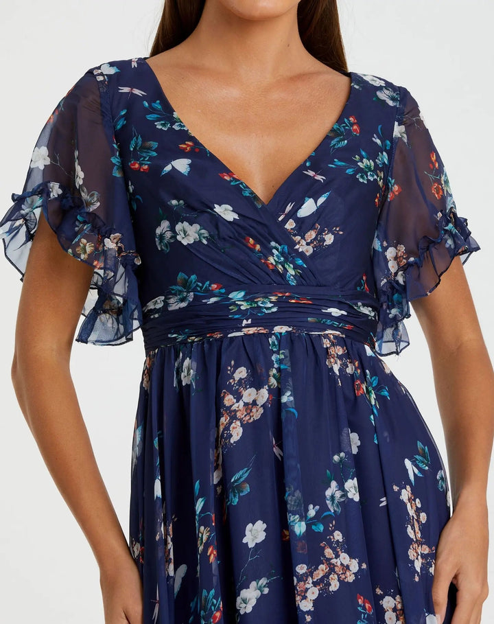 Mac Duggal 70241 Multicolor Flounce Sleeve Floral Maxi Dress