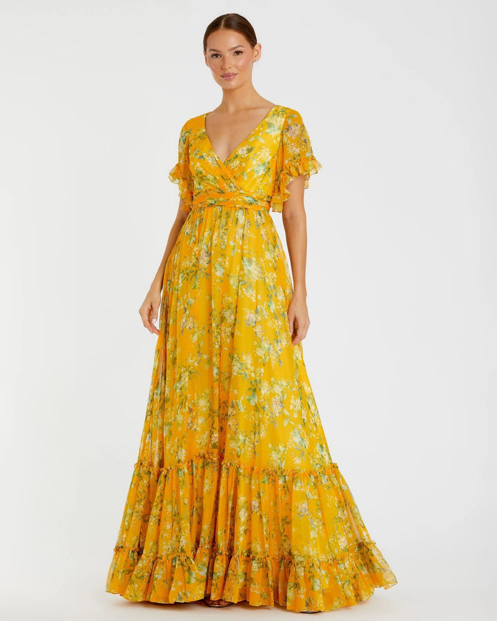 Mac Duggal 70241 Multicolor Flounce Sleeve Floral Maxi Dress