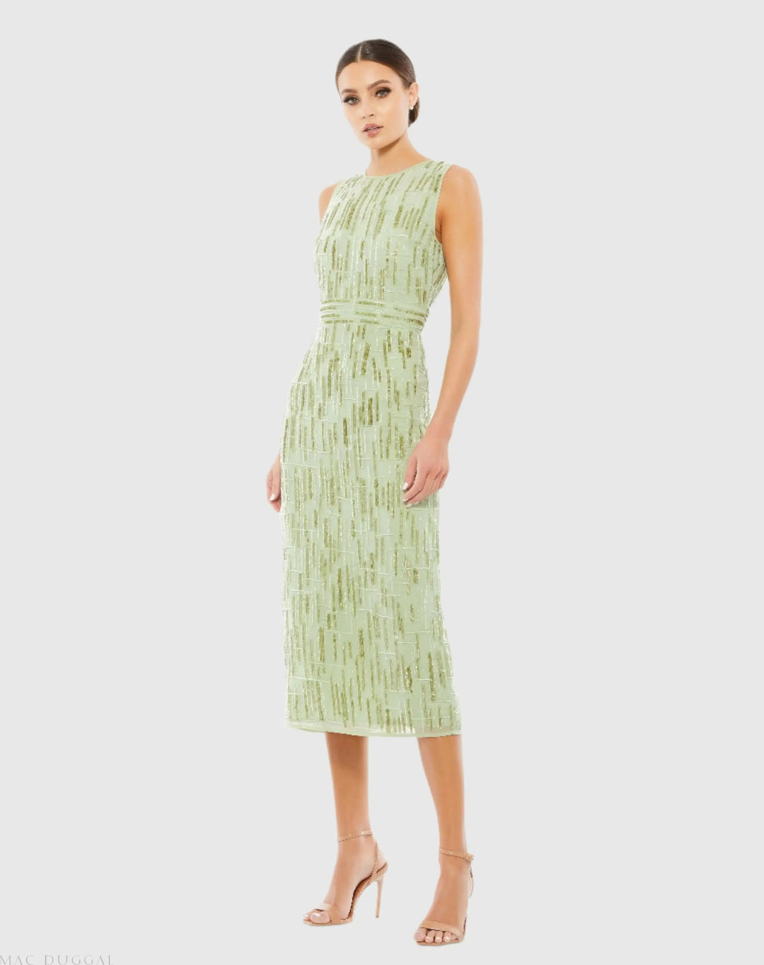 Mac Duggal 70264 Green Abstract Beaded Sleeveless Midi Sheath Dress