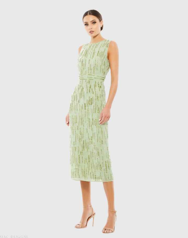 Mac Duggal 70264 Green Abstract Beaded Sleeveless Midi Sheath Dress