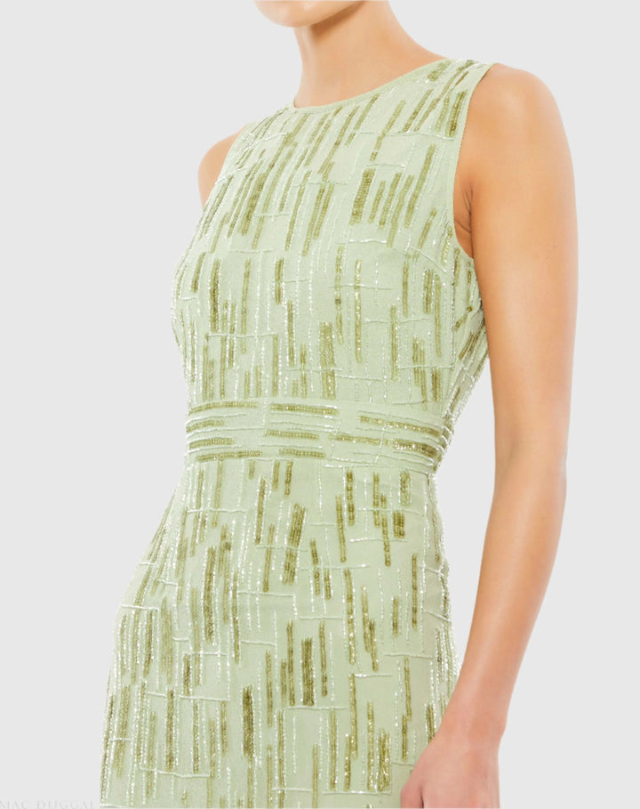 Mac Duggal 70264 Green Abstract Beaded Sleeveless Midi Sheath Dress