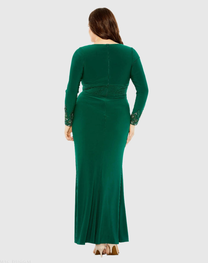 Mac Duggal 77024 Green Long Crystal Detail Sleeve V Neck Gown