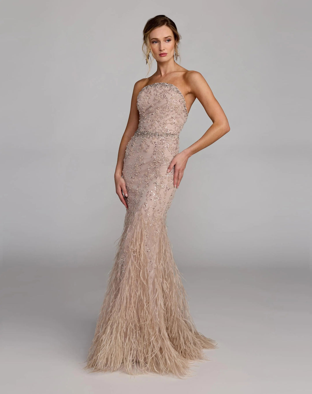 Beige Strapless Embellished Mermaid Gown With Feather Hem - FOSTANI.com