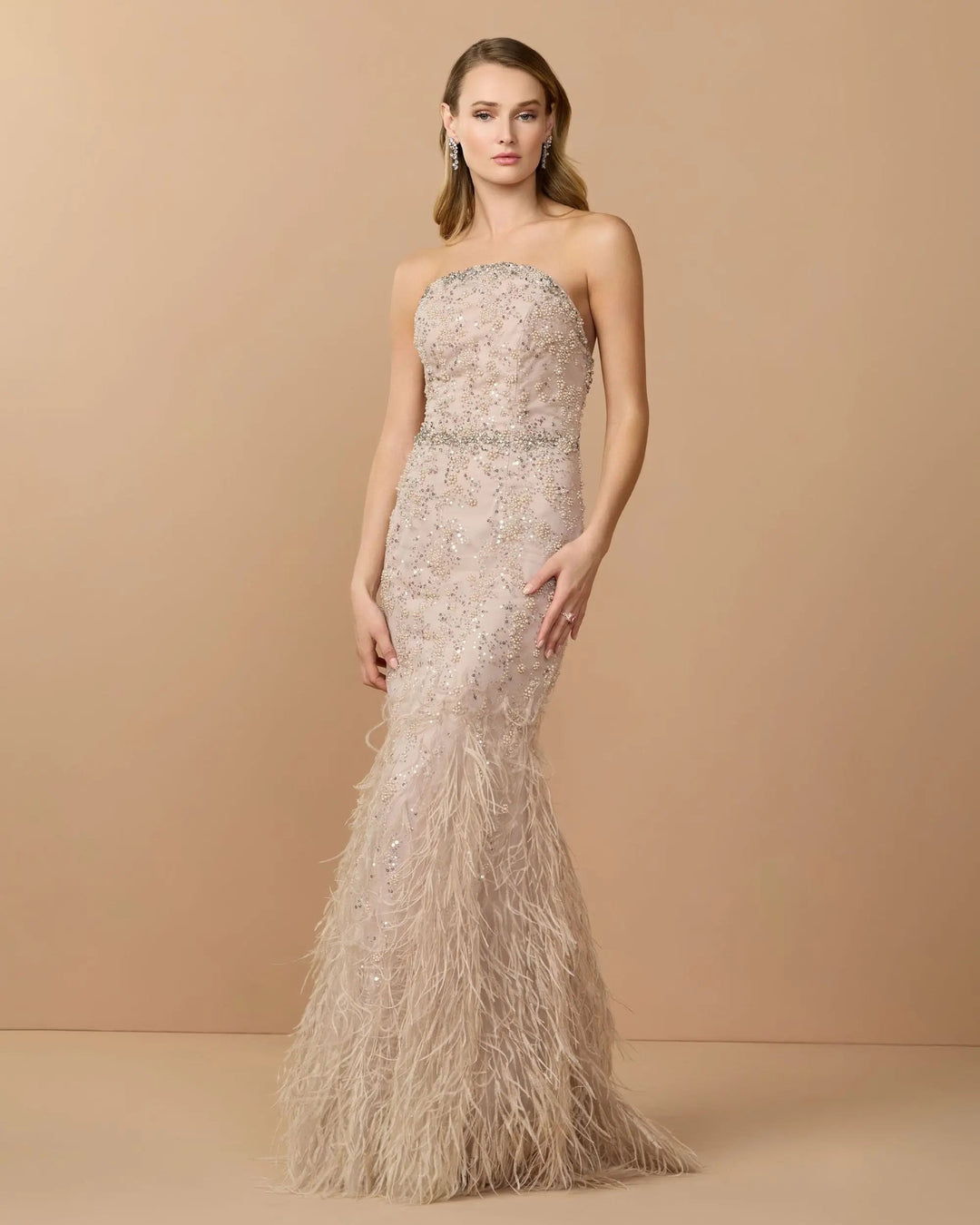 Beige Strapless Embellished Mermaid Gown With Feather Hem - FOSTANI.com