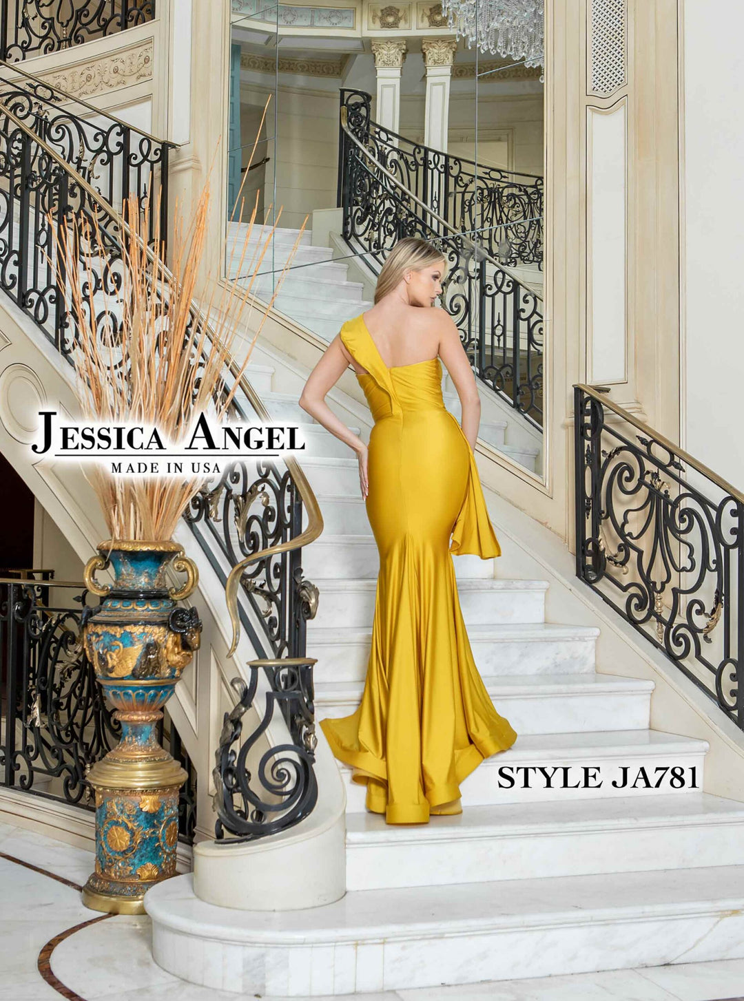 Jessica Angel 781 one shoulder draped jersey gown back view