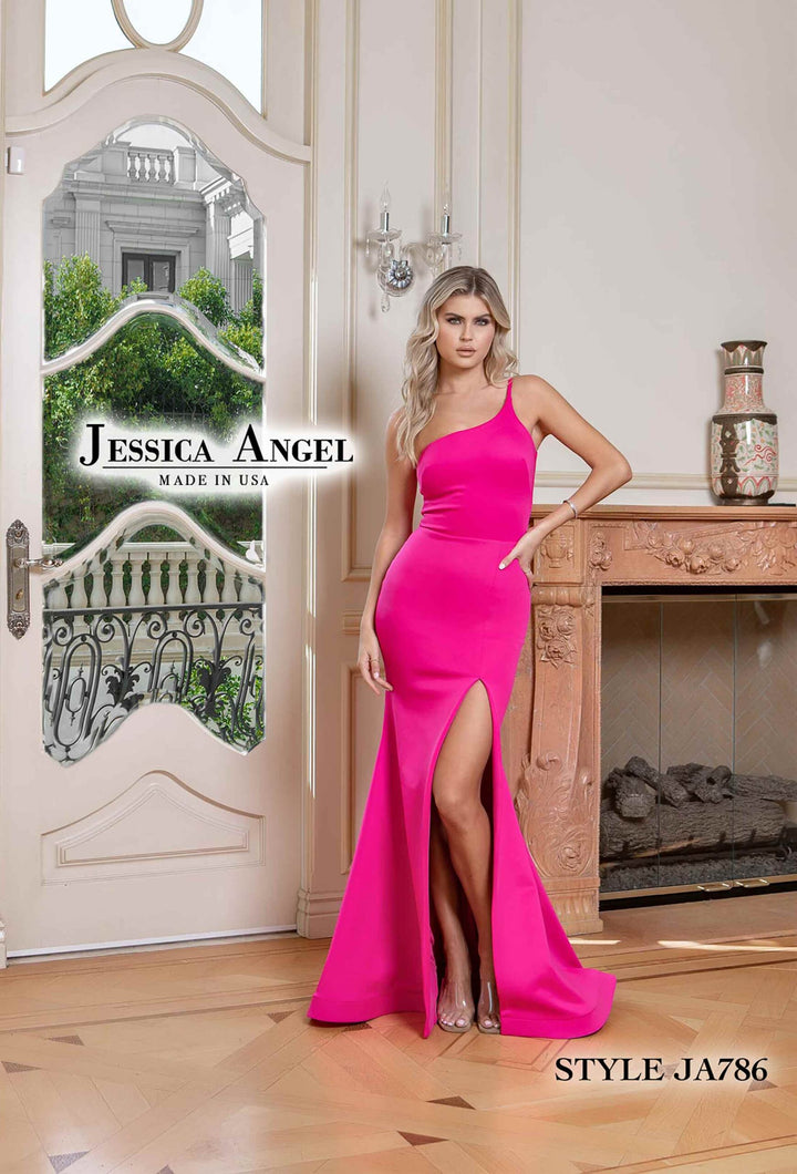 Jessica Angel 786 one shoulder scuba matte gown front view