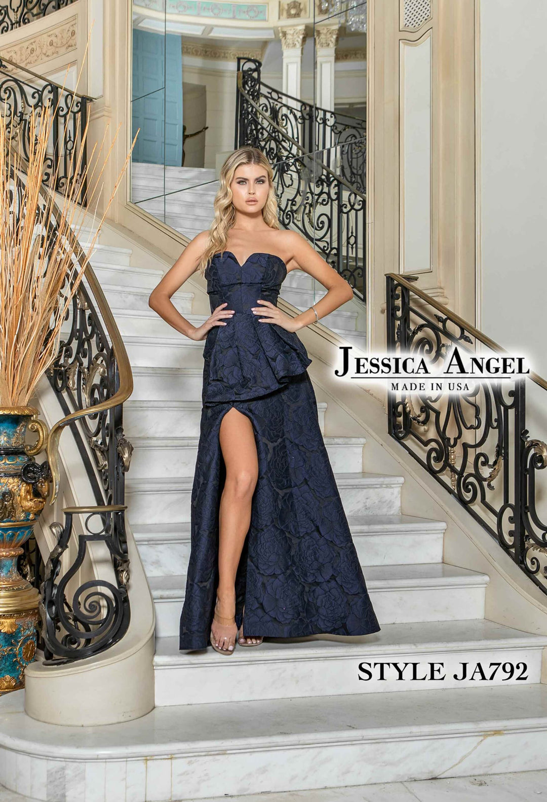Jessica Angel 792 strapless brocade gown with slit front view