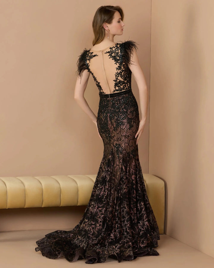 Mac Duggal 79230 Embellished Lace High Neck Gown With Feather Sleeves