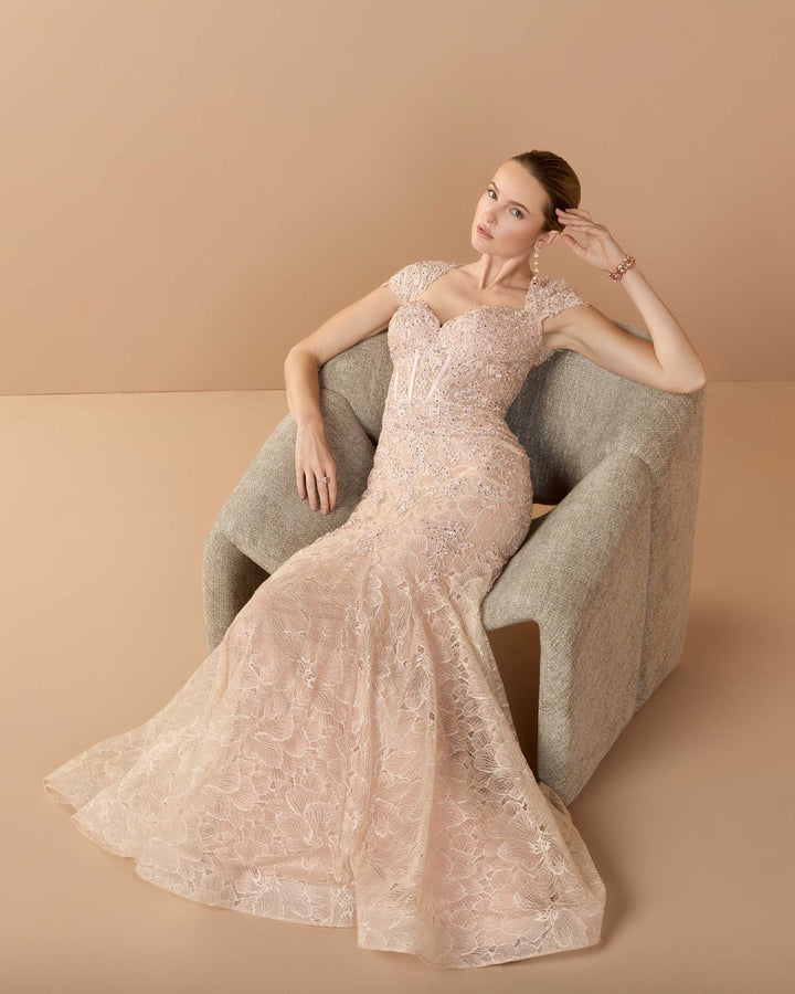 Pink Embroidered Lace Mermaid Gown With Cap Sleeves - FOSTANI.com