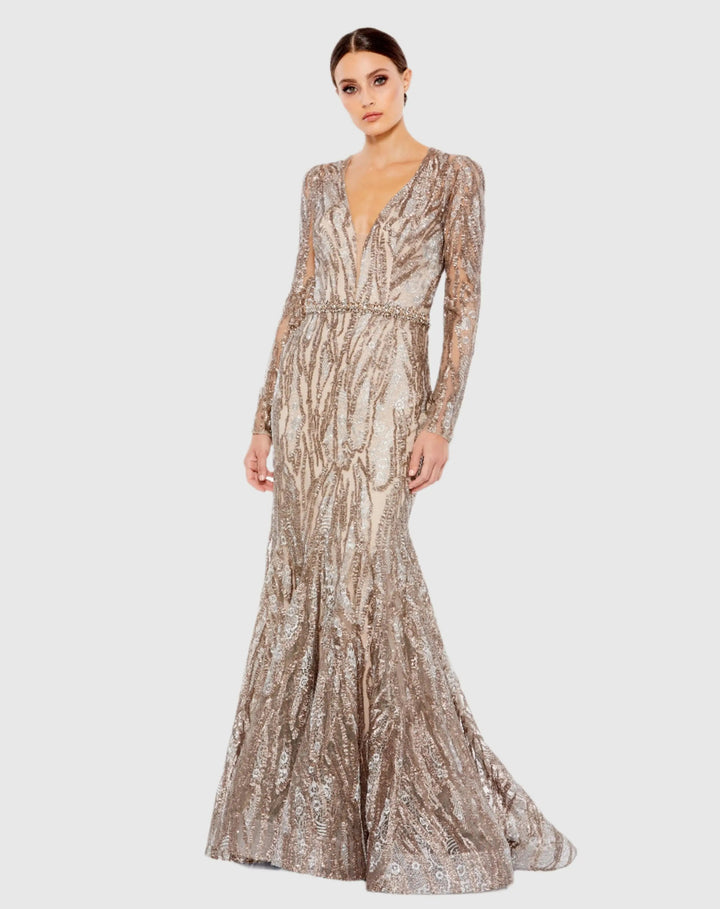 Mac Duggal 79358 Embellished Long Sleeve Plunge Neck Trumpet Gown