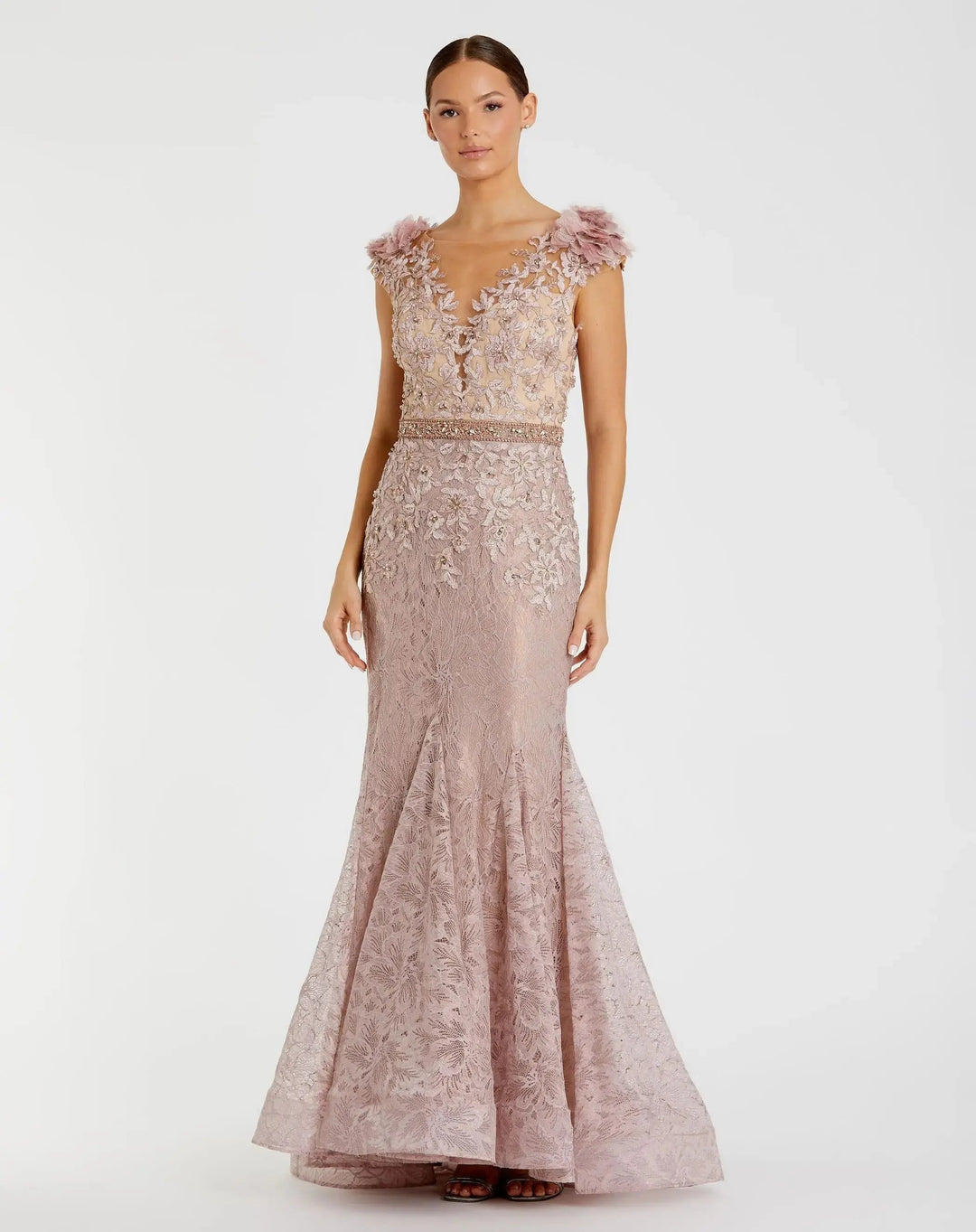 Pink Illusion Bodice Embroidered Trumpet Gown - FOSTANI.com