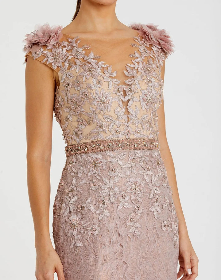 Pink Illusion Bodice Embroidered Trumpet Gown - FOSTANI.com