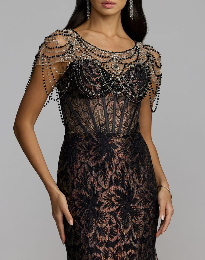 Mac Duggal 79471 Lace Corset Gown With Draped Beading