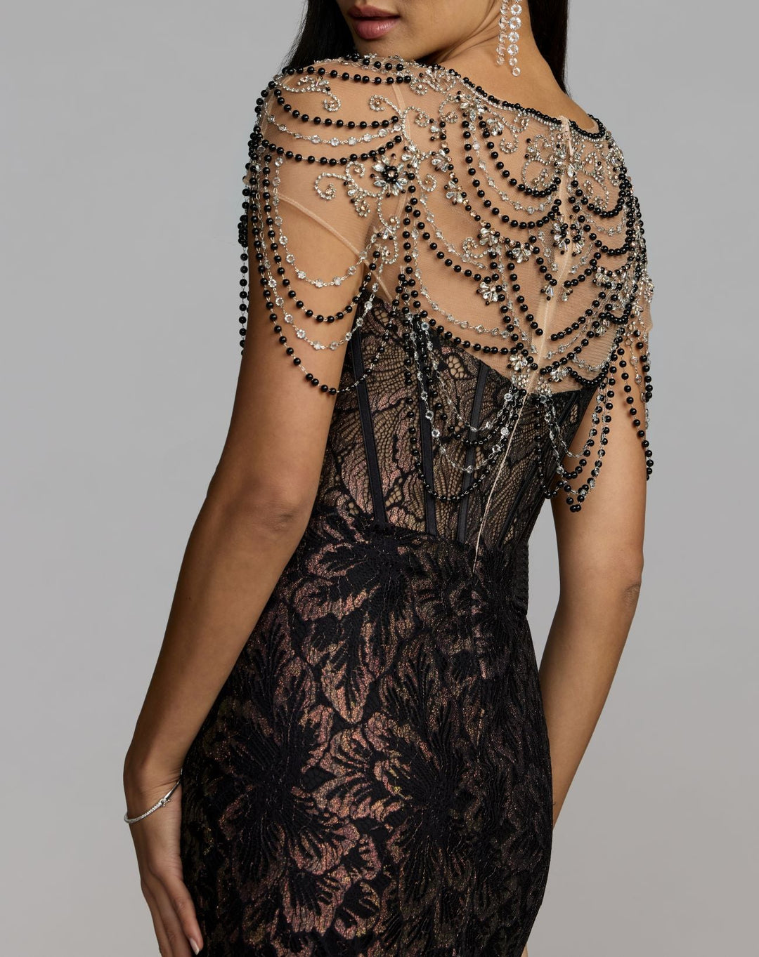 Mac Duggal 79471 Lace Corset Gown With Draped Beading