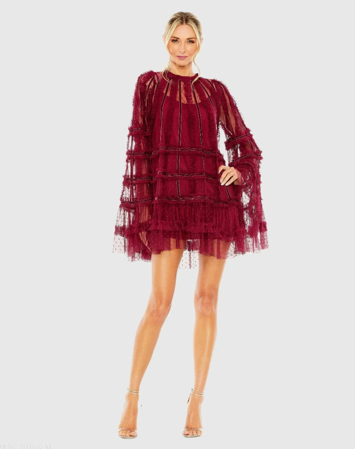 Mac Duggal 8053 High Neck Ruffle Bell Sleeve Trapeze Dress