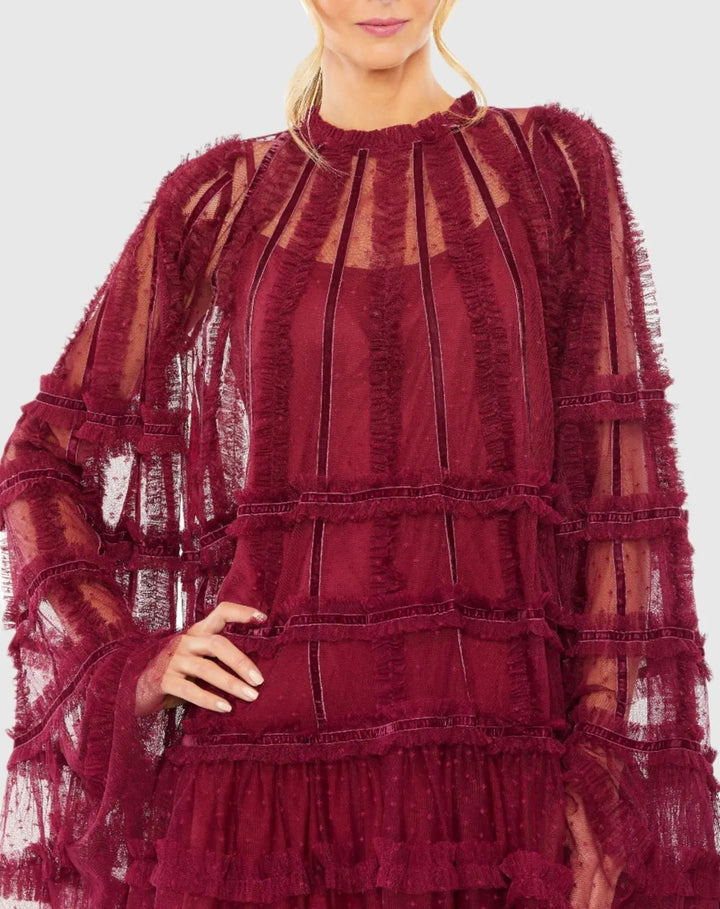 Mac Duggal 8053 High Neck Ruffle Bell Sleeve Trapeze Dress