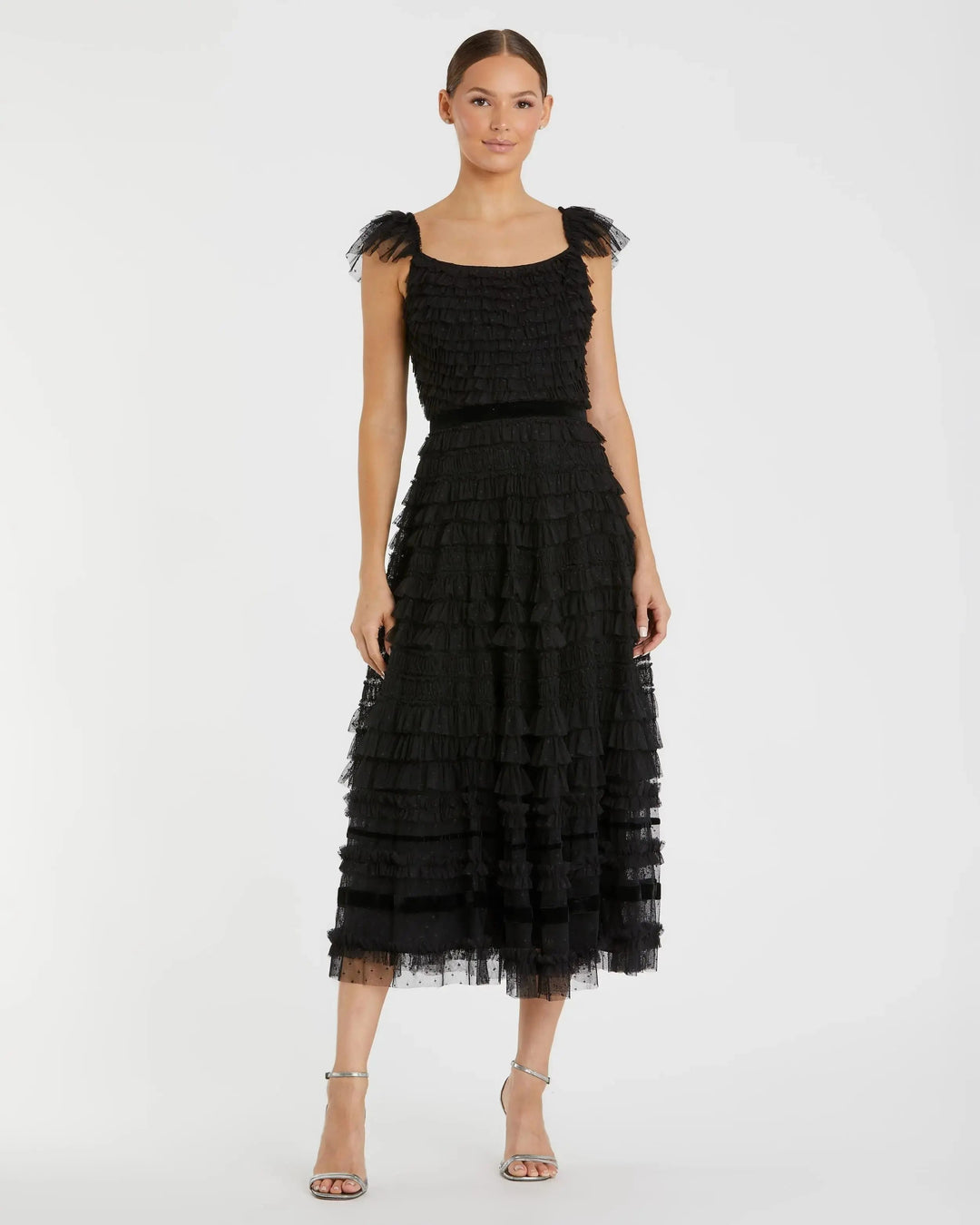 Mac Duggal 8054 Ruffle Strap Square Neck Tiered Midi Dress