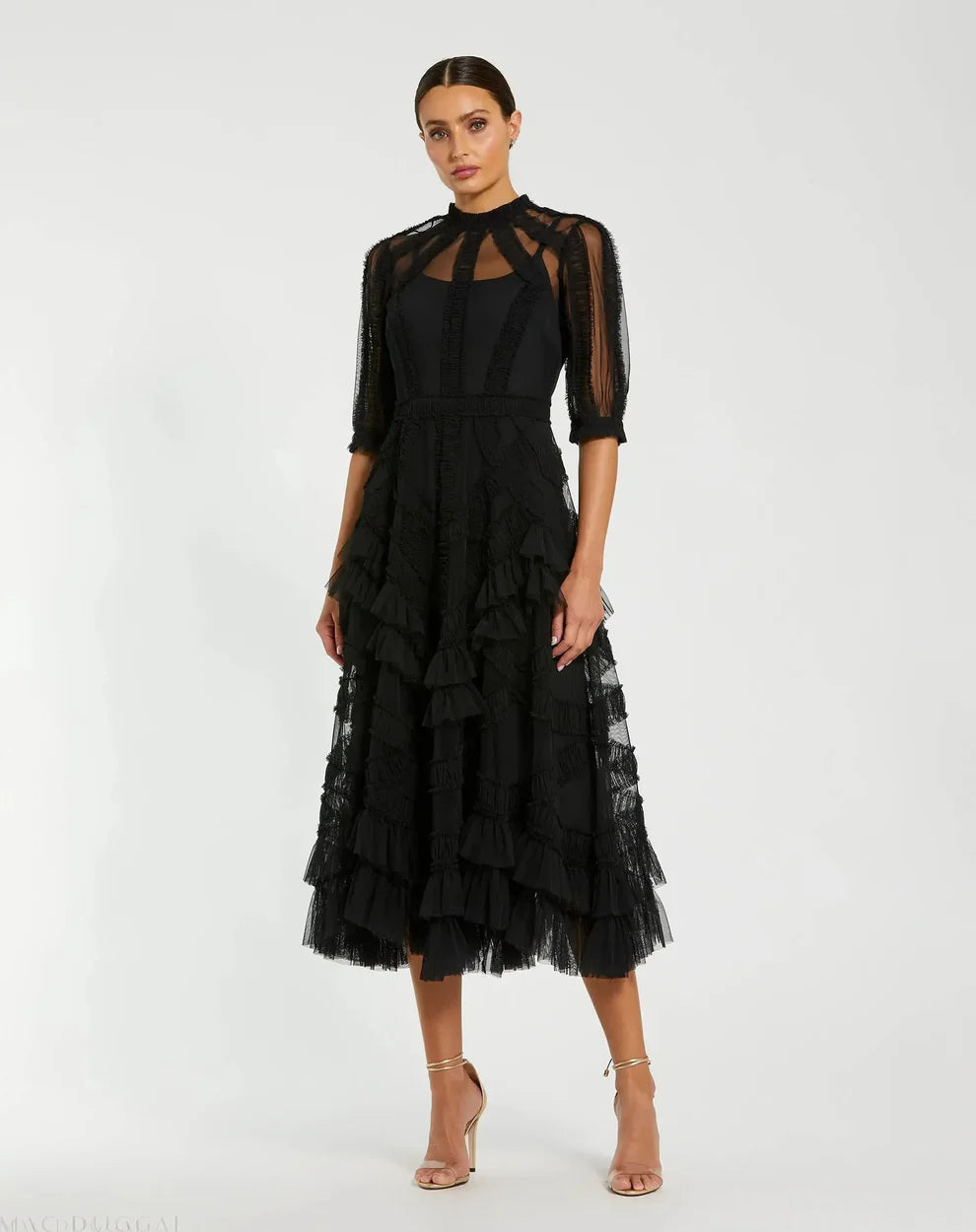 Mac Duggal 998058P High Neck Micro Ruffle Tiered Midi Dress