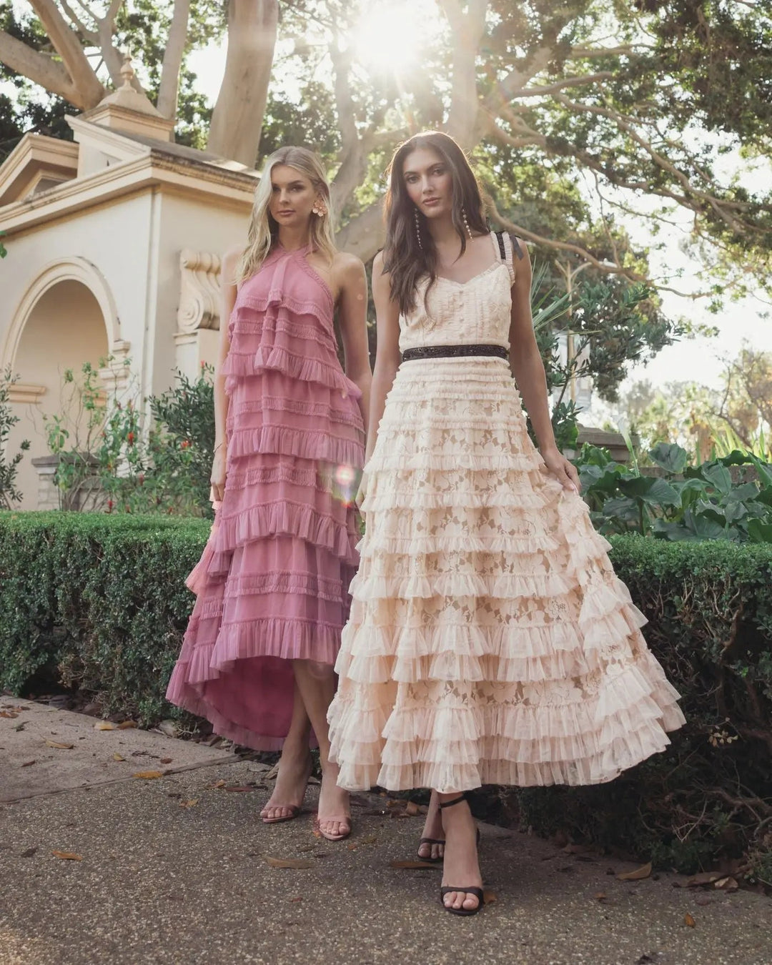 Pink Tiered Ruffle Halter Neck Midi Dress - FOSTANI.com