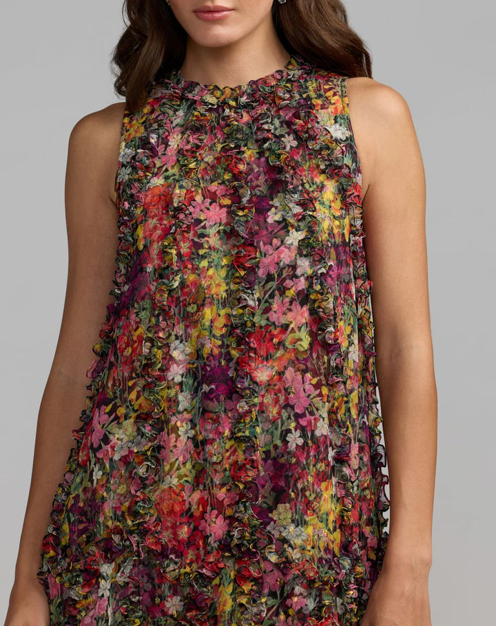 Mac Duggal 8103 Sleeveless Floral Micro Ruffle Trapeze Midi Dress