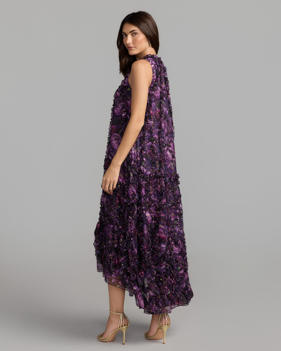 Mac Duggal 8103 Sleeveless Floral Micro Ruffle Trapeze Midi Dress